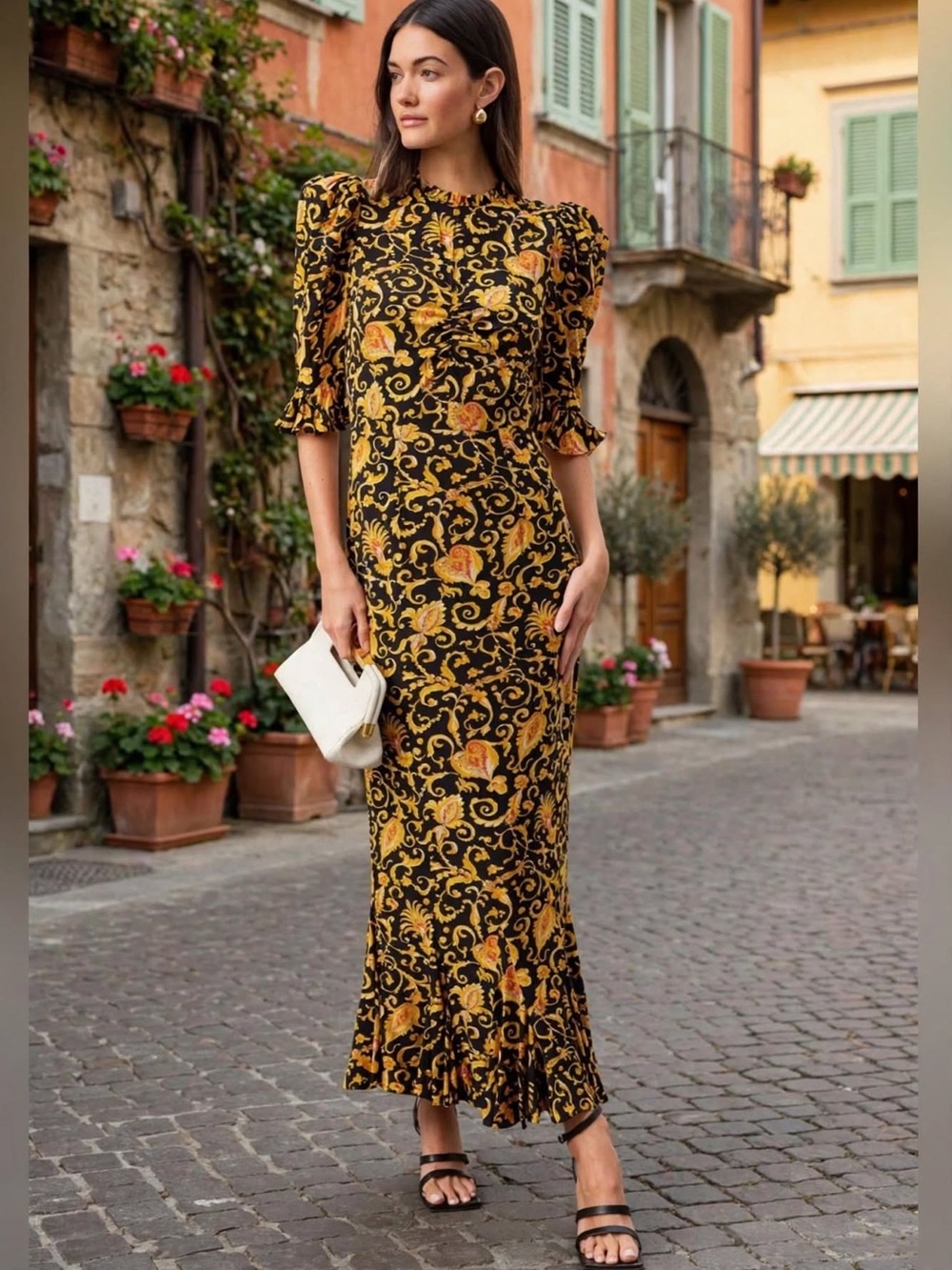 RHODE Felix Dress Black & Gold Floral Midi Dress with Ruffle Hem Sz 8